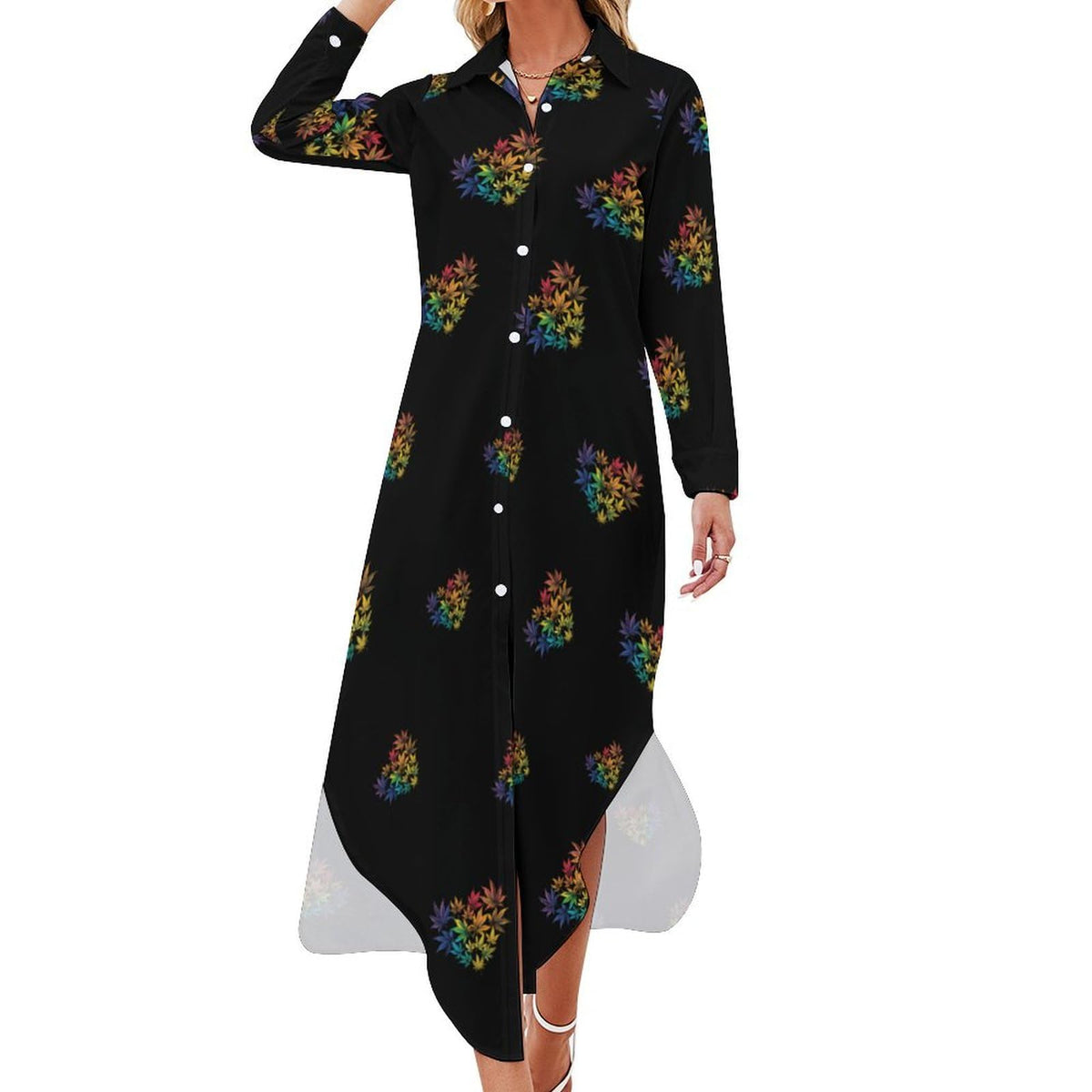 Robe-chemise fantaisie Rainbow Weed Heart pour femme, boutonnée, manches longues, fendue, maxi
