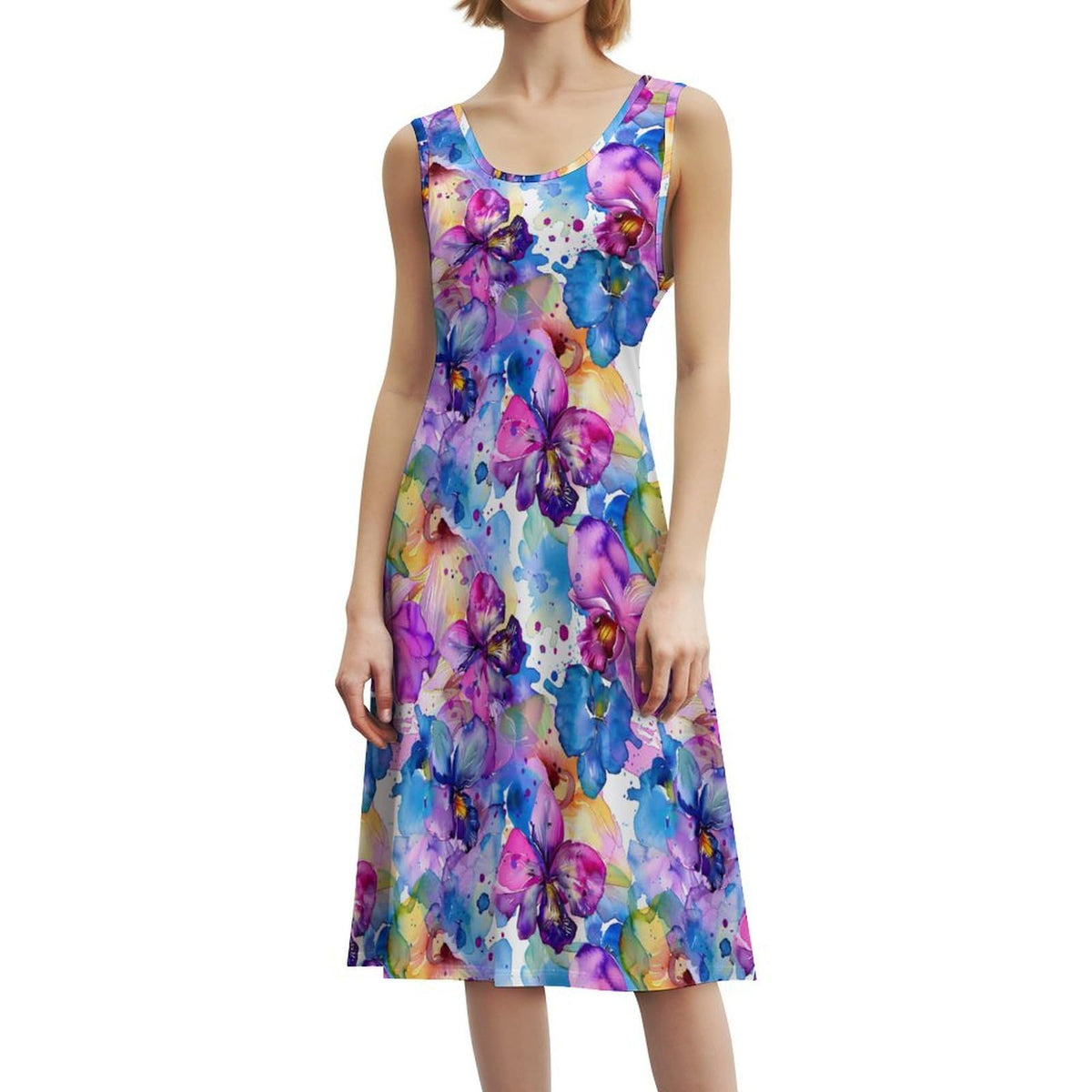 Robe longue maxi sans manches à imprimé floral aquarelle orchidée, style décontracté et amusant.