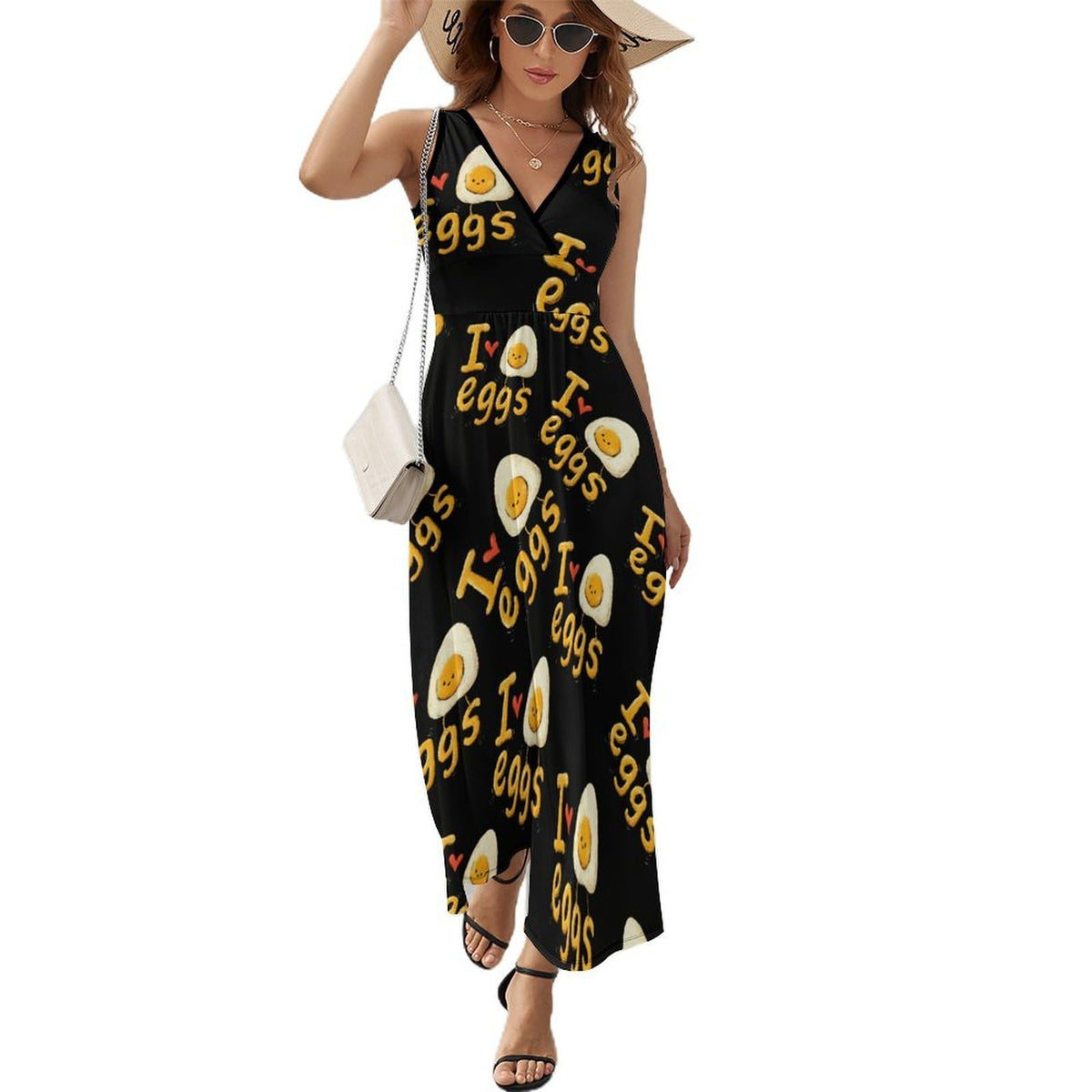 Robe longue d'été sans manches à col en V pour femme « I Love Eggs », robe décontractée