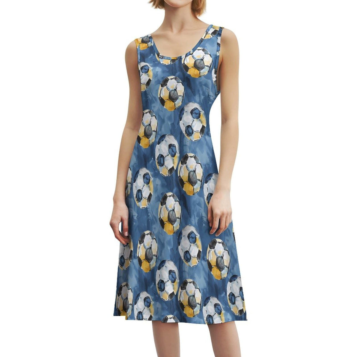 Robe longue maxi sans manches à imprimé aquarelle football, décontractée et amusante pour femme.